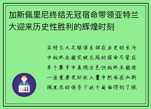 加斯佩里尼终结无冠宿命带领亚特兰大迎来历史性胜利的辉煌时刻