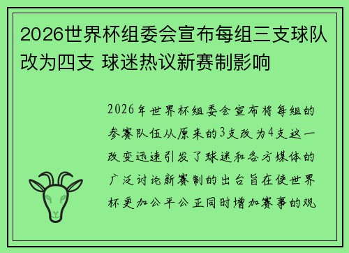 2026世界杯组委会宣布每组三支球队改为四支 球迷热议新赛制影响